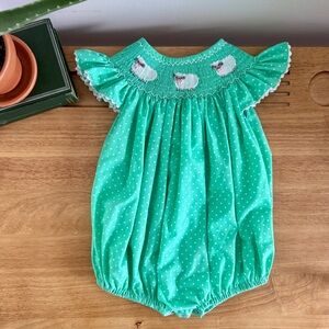 Southern Smocked Company Sheep Bubble Romper Green Smocked Heirloom Easter 24M